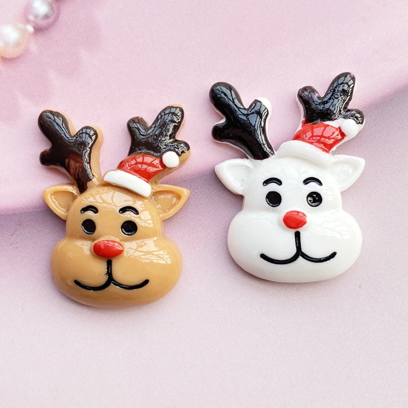 

10 New Cartoon Kawaii Christmas Deer Head Resin Flat Bottom DIY Crafts Mobile Phone Case Accessories F75