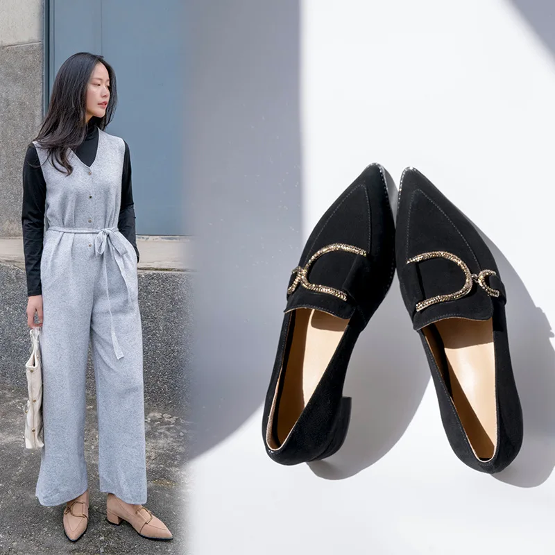 

2019 Spring New Style Shoes Women's Semi-high Heeled Genuine Leather Chunky Heel Pointed Metal Buckle Versatile Slimming Flat Lo