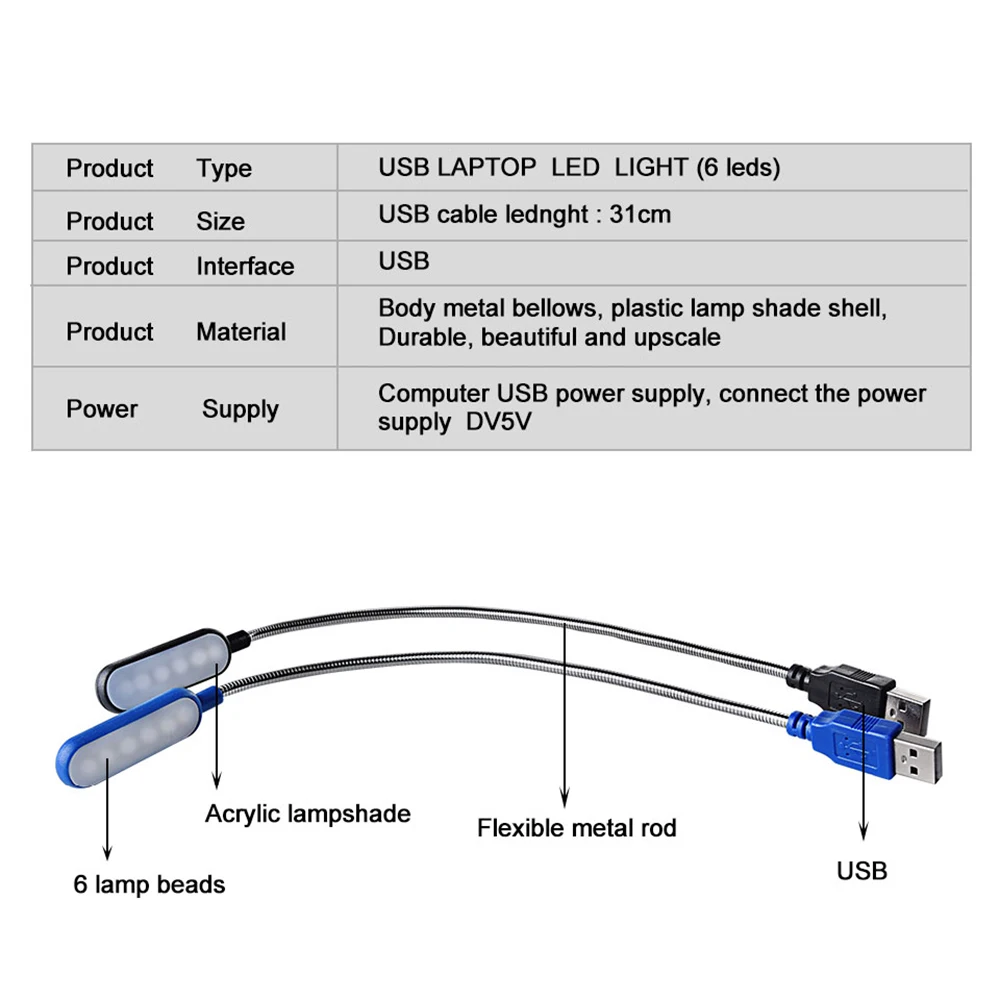 LED Desk Lamps Portable USB 360 Degree DC 5V Flexible Adjustable Table Lamp 6 LEDs Reading Book Lights Nightlight For Laptop PC