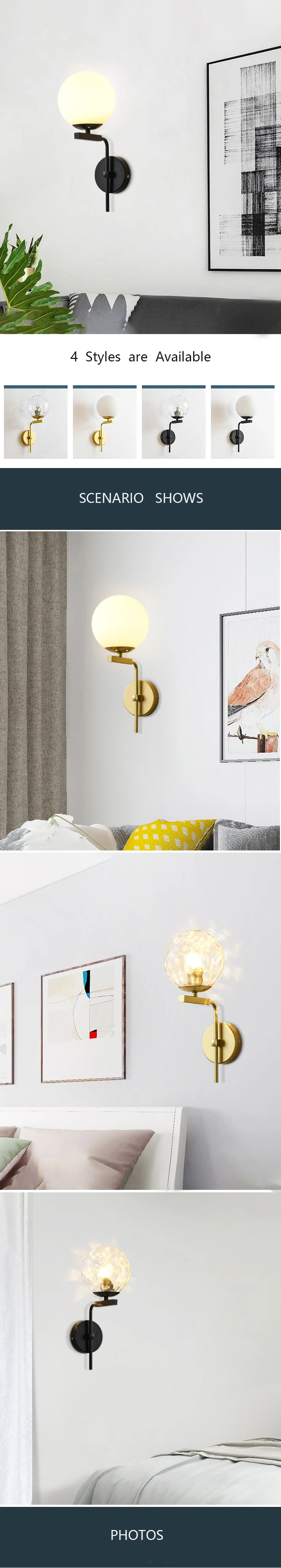 Lâmpada de Parede Interior do Hotel Moderno e Minimalista Nova Nordic Ouro Preto Luzes Parede Bola Vidro Quarto Sala Estar Lâmpada Cabeceira Led 1 High Quality Luzes e Iluminação