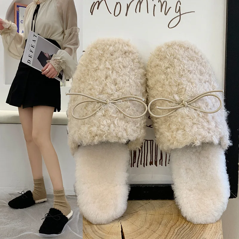 

Plush Slipper Women's Outer Wear 2019 Autumn And Winter New Style Fashion Flat Closed-toe Lambs Wool Semi-Slipper Mules Shoes pl