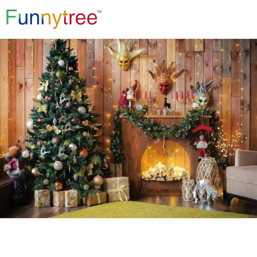 Фон Funnytree для рождественской вечеринки камин деревянная стена светильники