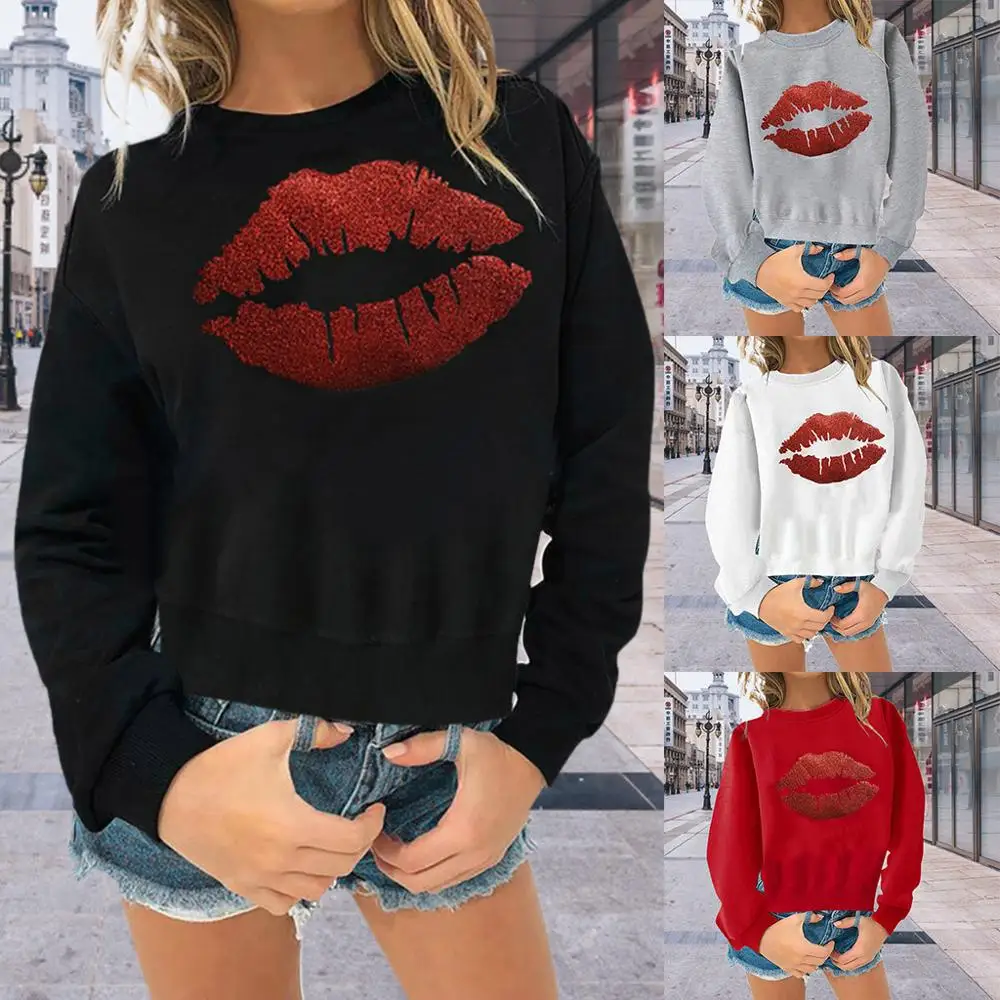 

Women's Casual Solid Color O-Lip Lips Print Long Sweatshirt Sweater Top 1pc