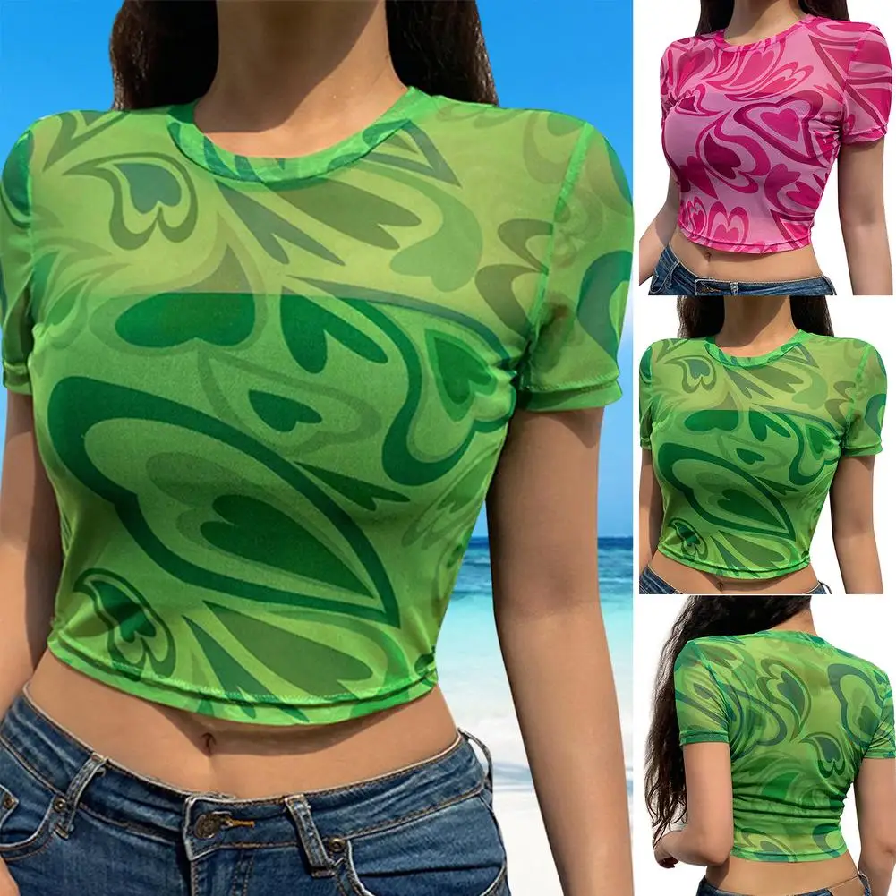 Green Heart Printed See Through Mesh Summer Korean Fashion Y2K Women's T-Shirt Sexy Crop Top Tight-Fitting Camisole 2021 1