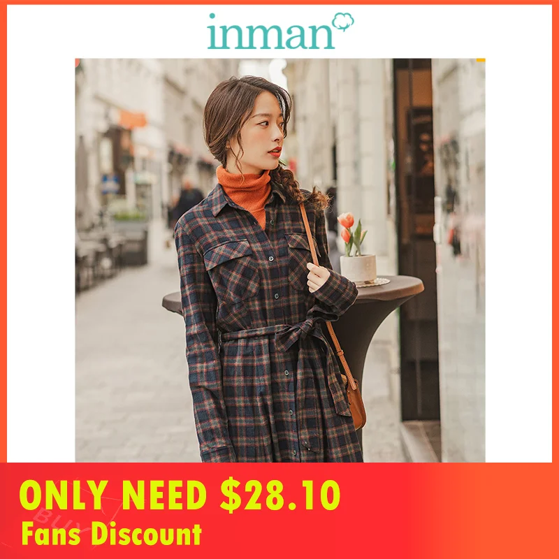 

INMAN 2019 Autumn New Arrival 100%Cotton Elegant Turn Down Collar Defined Waist A-line Lacing Retro Plaid Women Dress