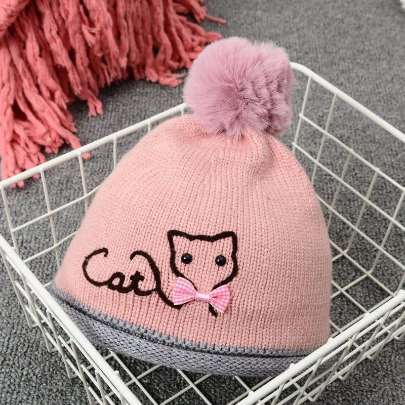 Han Pink Котенок лук детская шляпа из шерсти волосы шарик комплект головной убор вязаные зимние дети мальчики зимняя шапка s детские шапочки - Цвет: Han Pink
