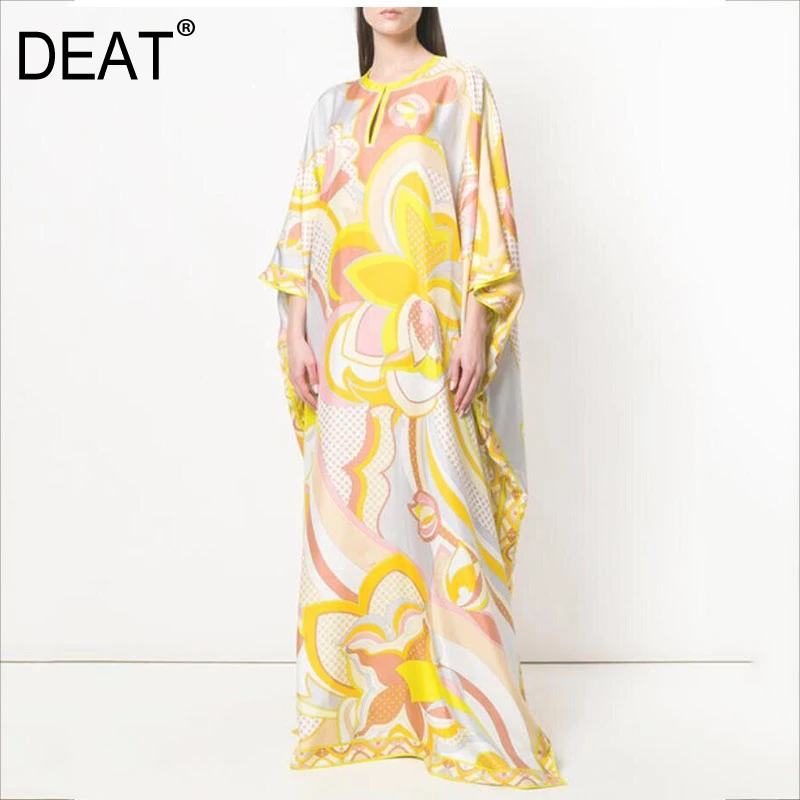 

DEAT 2020 new summer flare sleeves printed round neck loose plus size floor length long dress female vestido WK74007L