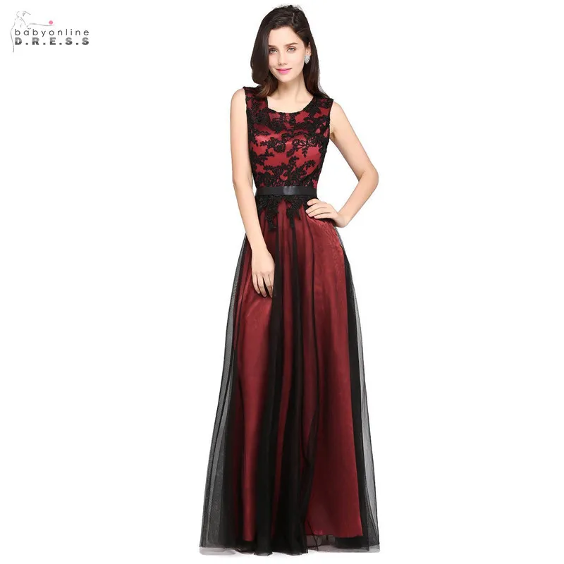 

24 Hours Shipping Burgundy Lace Long Evening Dress O-neck Tulle A-line Evening Party Dresses Pink Green Appliques Robe De Soiree