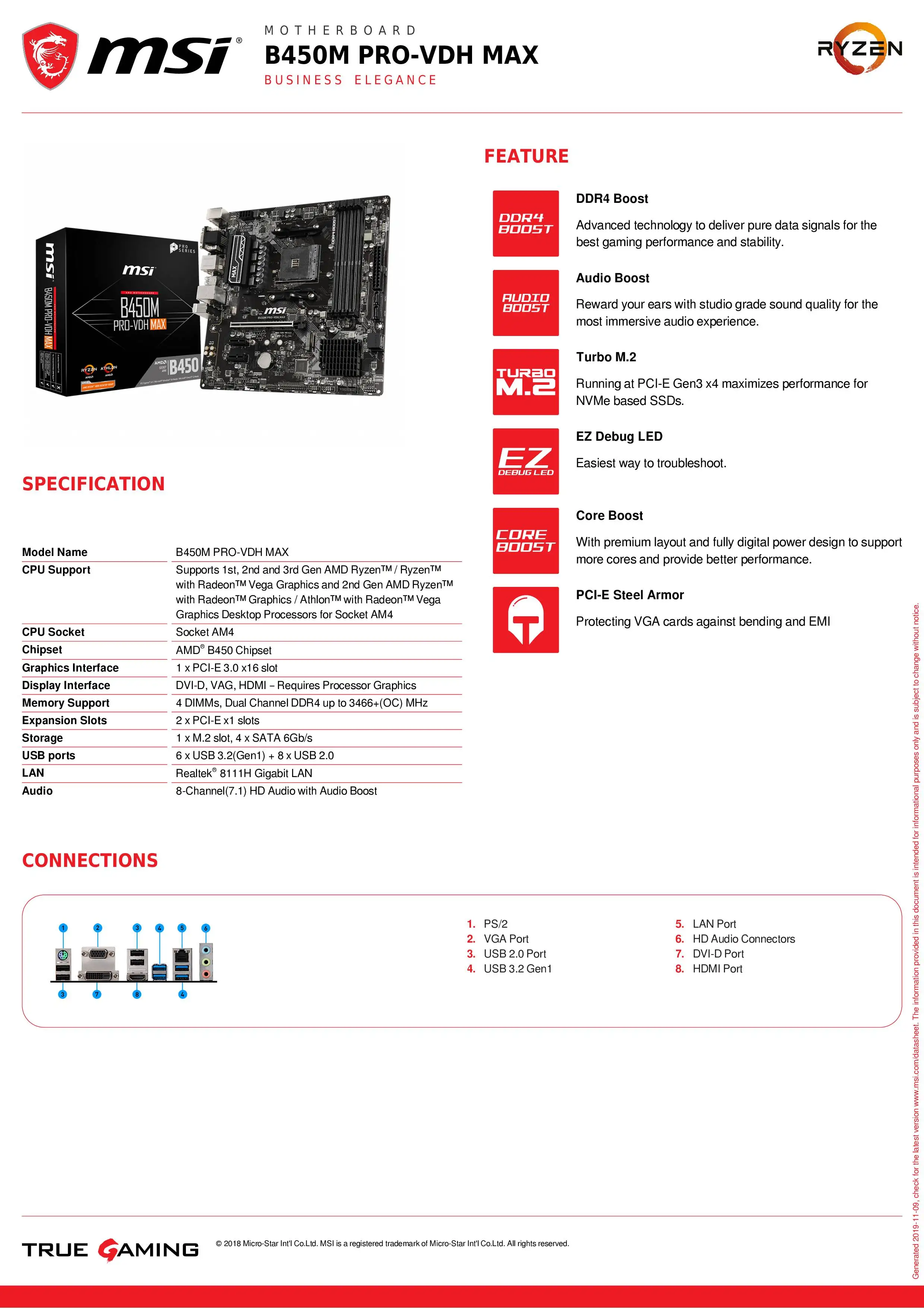 системная плата msi B450M PRO VDH MAX AMD ryzen с поддержкой 3 го поколения am4 M.2 ssd USB3.1 ddr4 VGA DVI HDMI