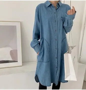 Light Blue Блузки из хлопка для беременных, большие размеры, свободные джинсовые рубашки с длинными рукавами и отложным воротником, с большими карманами, повседневная одежда для беременных - Цвет: Light Blue