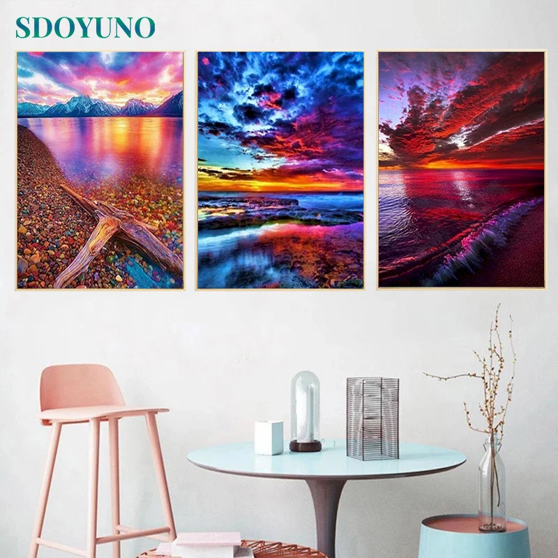 

SDOYUNO 3Pcs 40x50cm Painting By Numbers For Adult Scenery DIY Paint By Numbers On Canvas Frameless Beach Hand Painting