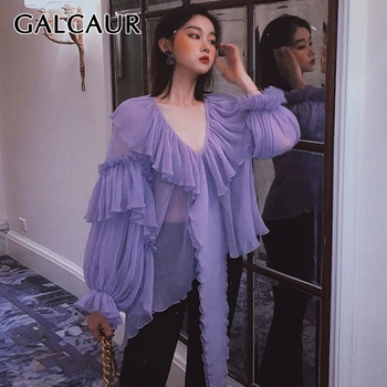 

GALCAUR Asymmetric Patchwork Ruffles Women Shirt V Neck Long Sleeve Free Size Loose Perspective Blouse For Female 2020 Tide