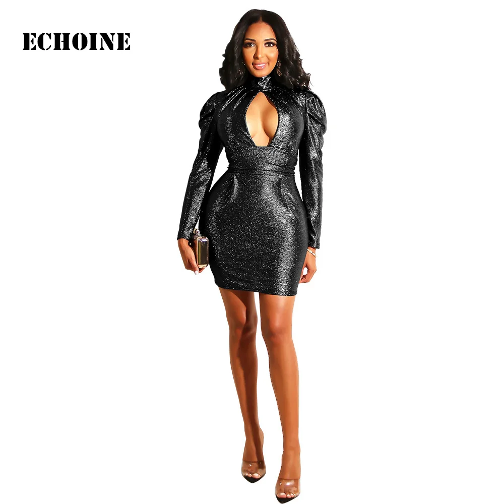 

Echoine Long Sleeve Short Party Dress Sexy Hollow Out Turtleneck Slim Elegant Bodycon Vestidos Evening Dress sequin Club Outfits