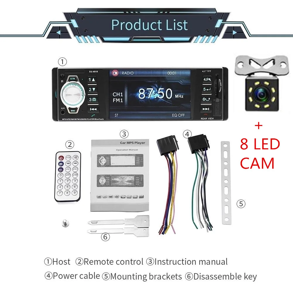 with 8 led camera 1Din MP5 автомобильный Радио мультимедийный плеер Поддержка Bluetooth громкой связи FM/AUX/UDisk карты воспроизведения заднего вида изображения Авторадио - Цвет: with 8 led camera