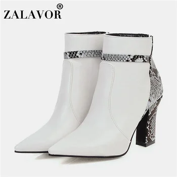 

ZALAVOR Plus Size 32-48 Office Lady Ankle Boots Fashion Snake Print Sexy Pointed Toe Winter Warm Fur High Heel Shoes Women