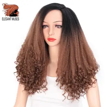 

ELEGANT MUSES 22 inch Long Afro Yaki Straight Wig Black Ombres Brown Synthetic Hair Puff Yaki Wig for African Women