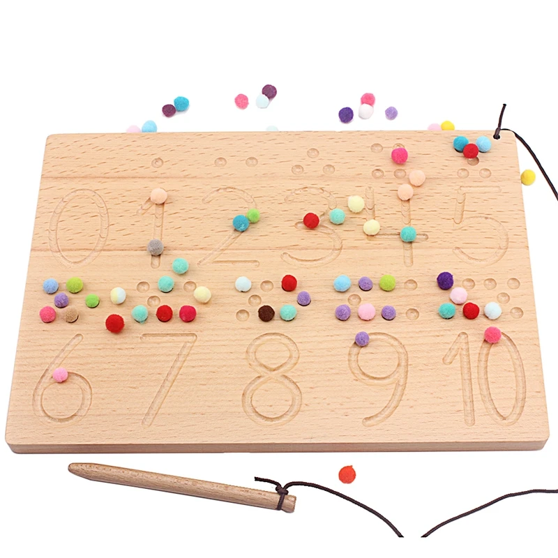 

Montessori Wood Numbers & Shapes Board 0-10 Digitals with Colorful Plush Ball Counting Writing Board Practical Toys for Children