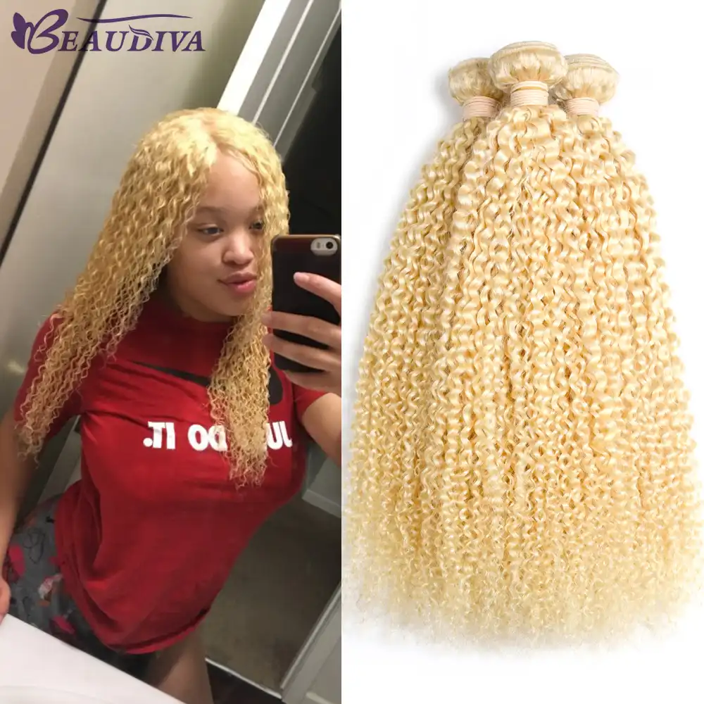 Beaudiva Pre Colored Kinky Curly Human Hair Weave 3pcs 613 Blonde