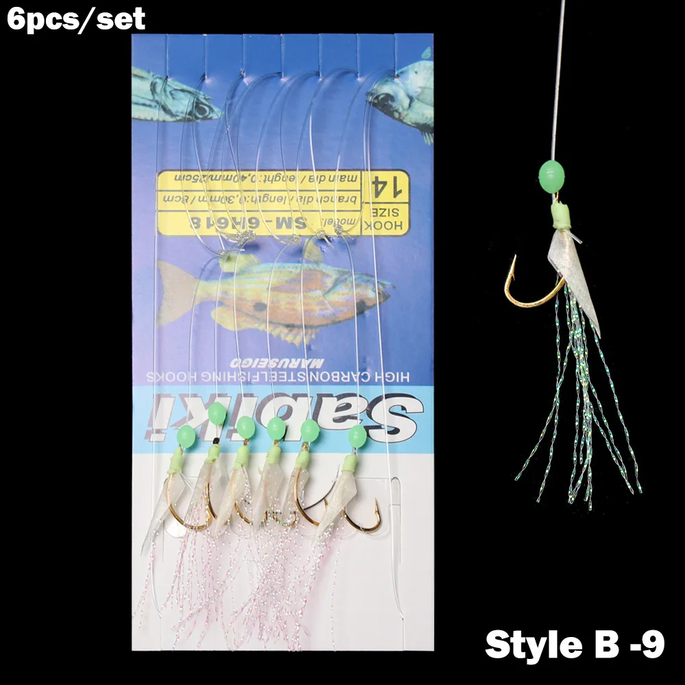 Style B - 9 6 шт./компл. рыболовные крючки для вертлюжная Рыбалка светящаяся позолоченная рыбья кожа рыбий запах песка комбинация рыболовный крючок с 6 маленькими крючками - Цвет: Style B - 9