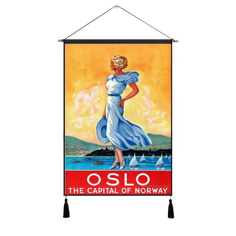 Путешествие в Москву Oslo Norge винтажная линия висячая ткань хлопок линия картины плакаты домашняя декоративная настенная вешалка гобелен подарок - Цвет: Зеленый