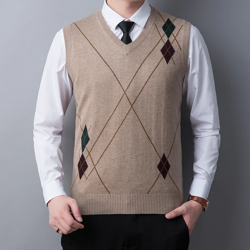 

Man Cashmere Sweater Autumn Spring Casual Argyle Patterns Sweaters Vest Male Sleeveless Knit Tops Pullovers