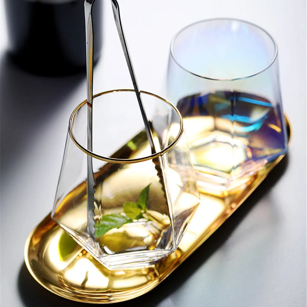 Творческий в виде геометрических фигур Стекло чашки золотым ободком с украшением в виде кристаллов прозрачные каменной кладки Кофе кружка винный коктейль молоко чайная чашка посуда для питья подарки для пары