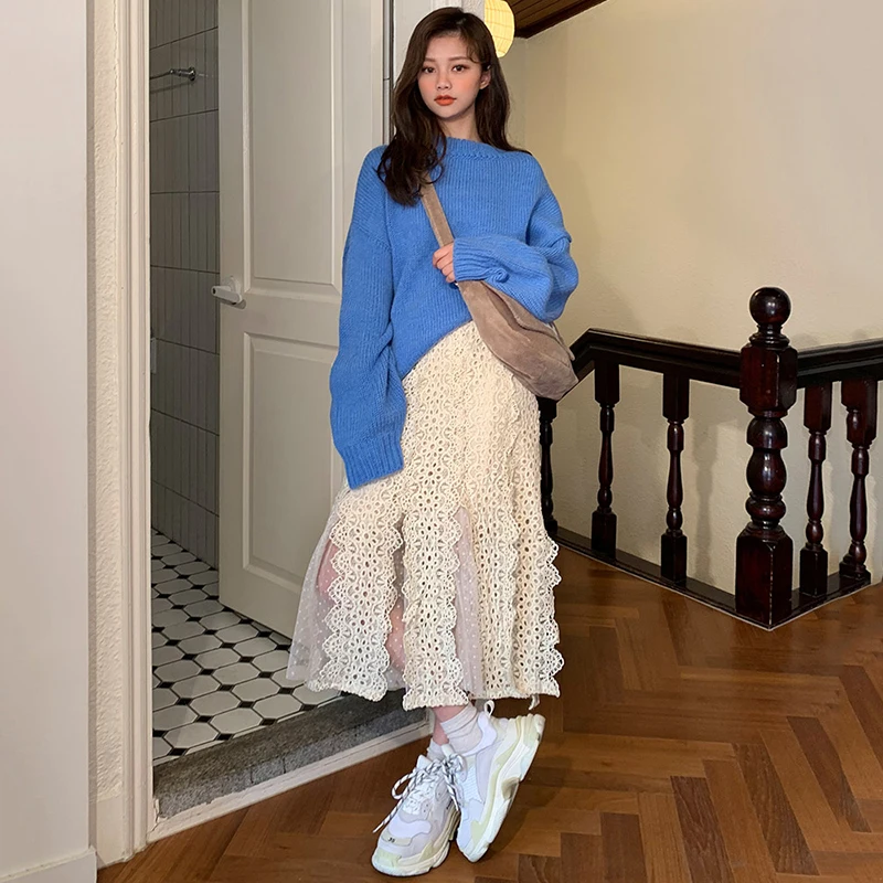 

So Beautiful Luxurious Style Lace Skirt Elastic Waist Mesh Patchwork Long Skirt Jupe Longue Falda Larga Gonne Gonna Saia