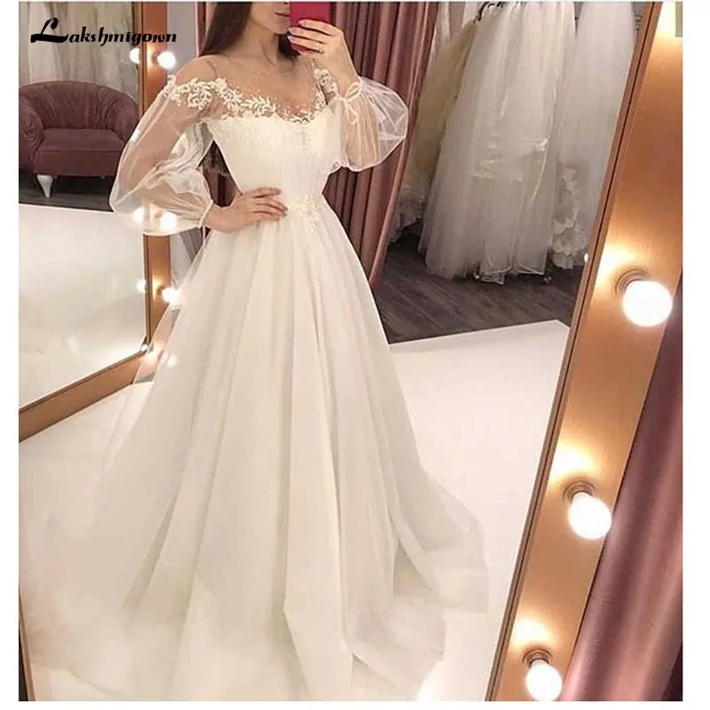 

Robe de Marie Sexy A-Line Wedding Dresses Jewel Neck Sweep Train Tulle Long Sleeve Wedding Gowns 2020 Hochzeit
