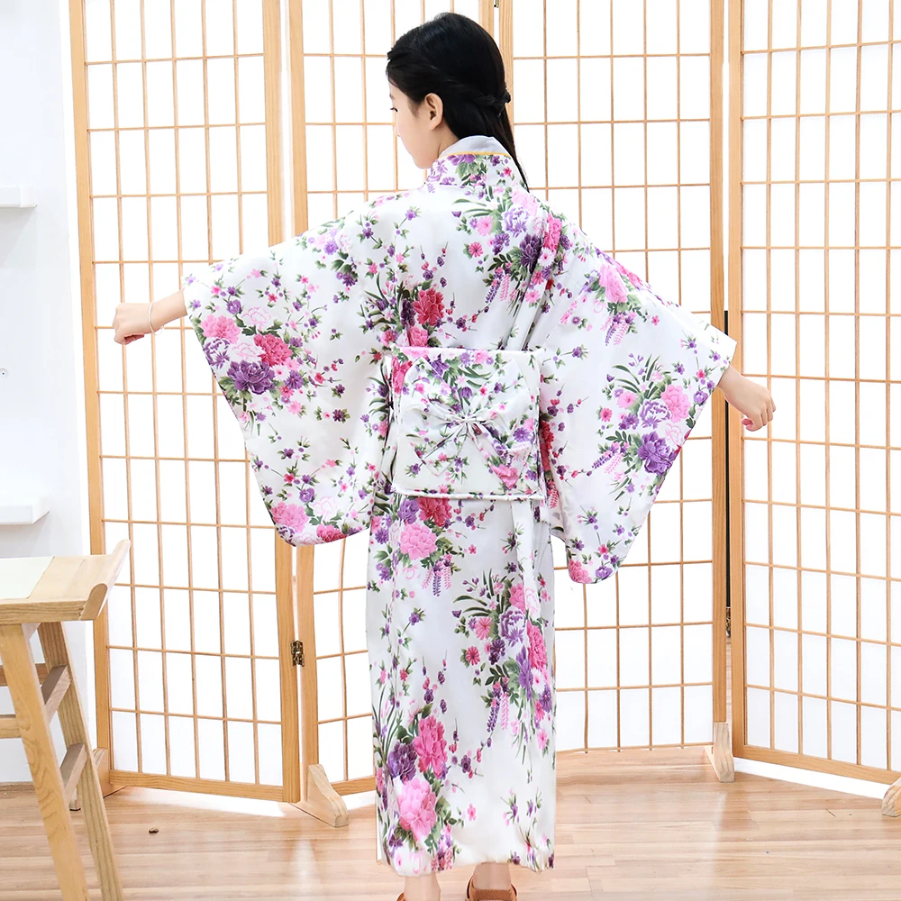 Print Flower Children Japanese Traditional Evening Party Prom Dress Performace Clothing Kimono Bathrobe Gown Full Sleeve Gown