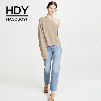 

HDY Haoduoyi Women Casual Simple Sexy Personality Single Shoulder Button Decorative Side Slit Loose Knit Long Sleeve Sweater