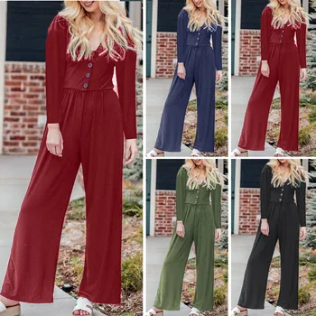 

2019 New Casual Solid Full Jumpsuit Sexy Romper Women Casual Long Sleeve O Neck High Waisted Wide Playsuits Beach Jumpsuit #C8