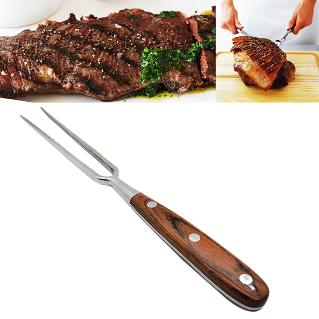 Portable BBQ Fork Cooking Creative Wood Handle Barbecue Fork Carving Meat Barbecue Stainless Steel Grill Tools