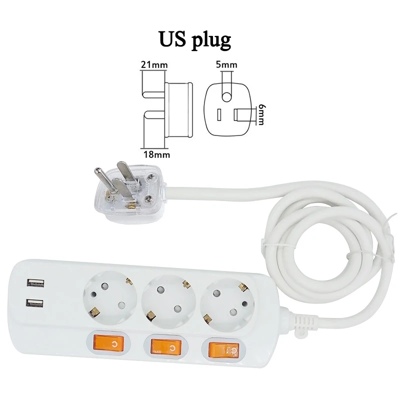 US plug Индивидуальный выключатель, гнездо расширения для домашней электроники, розетка для быстрой зарядки, 2USB порт, 3AC, штепсельная розетка европейского стандарта, плата питания - Цвет: US plug