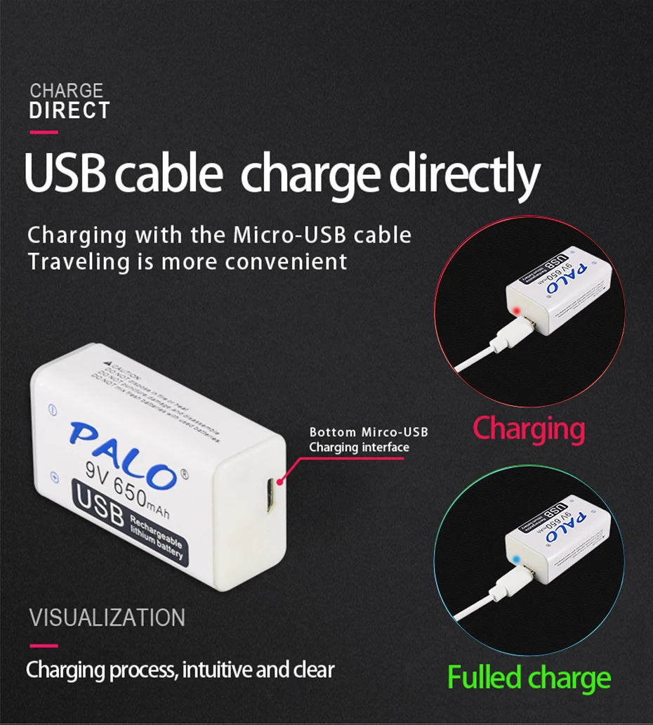 PALO 9В батарея 9В 6F22 650 мАч l-ионная аккумуляторная батарея+ 9 вольт микро usb аккумуляторная батарея для мультиметра KTV Micropho