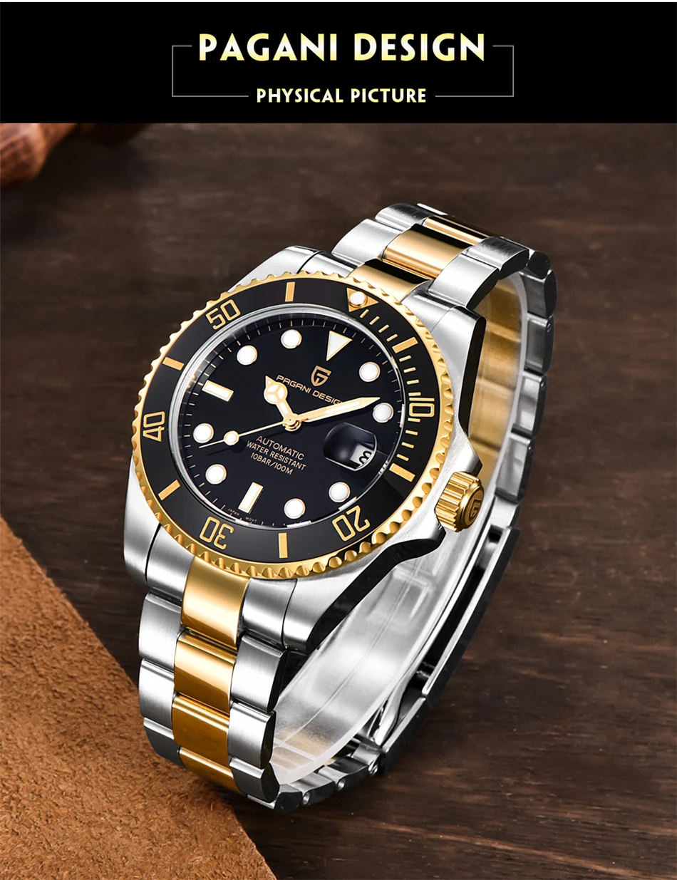 PAGANI Дизайн 1639 брендовые Роскошные мужские часы Автоматические черные часы мужские из нержавеющей стали водонепроницаемые деловые механические наручные часы