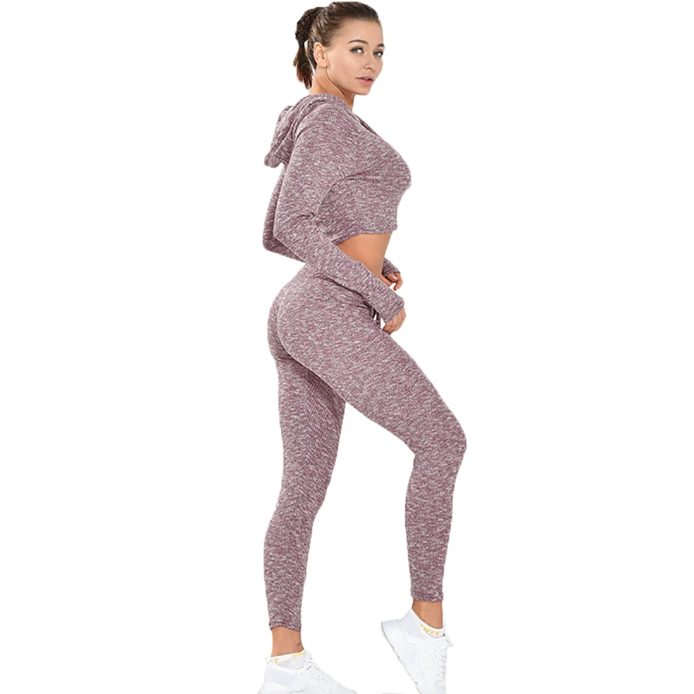 

2Pcs Solid Color Hooded Women Yoga Suits Fitness Sports Running Lady Suits Drawstring Waist Long Sleeve Female Crop Top Leggings