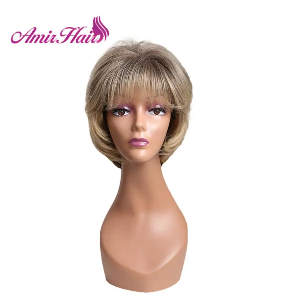 

AmirShort Straight Synthetic Wigs Brown Root Ombre Blonde Afro wig with bangs Fluffy Layered Hair for black Women Heat Resistant