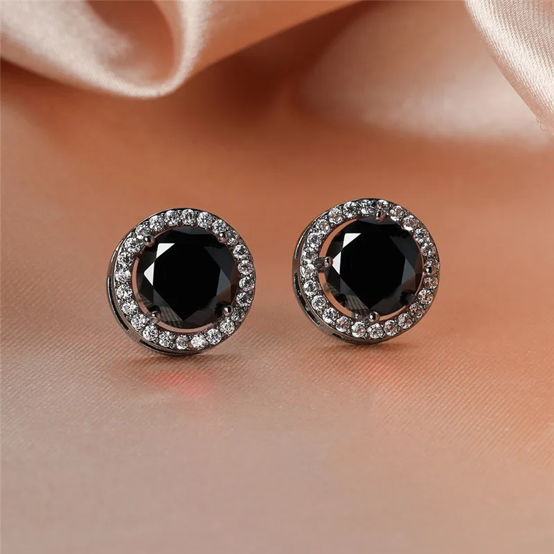 Luxury Cute Round Black Stone Stud Earrings Vintage Fashion Gold/Black/Rose Gold/Silver Color Earrings For Women Wedding Jewelry