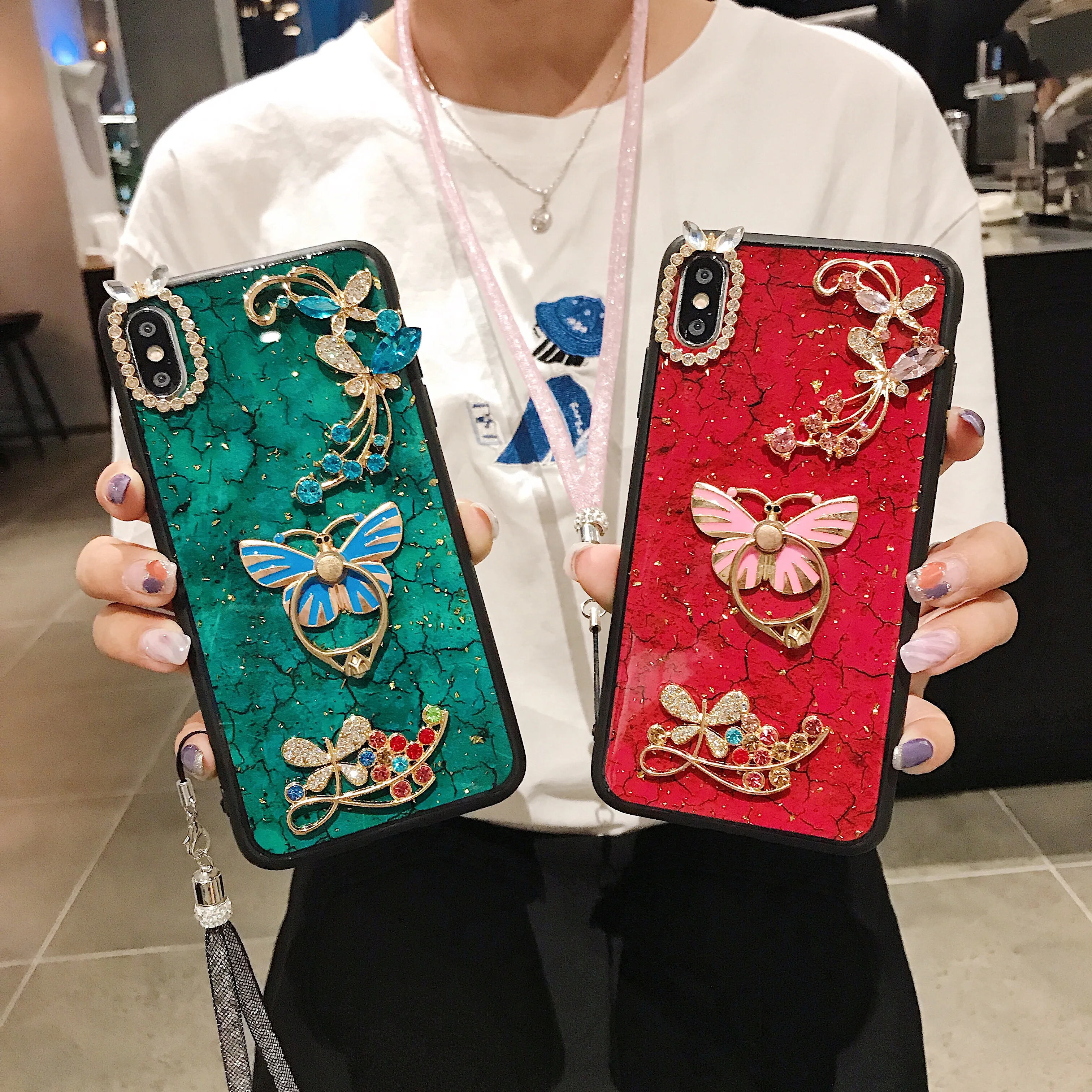 Модный мраморный 3D Блестящий Алмазный чехол с кольцом на палец для iPhone XSMAX XR XS 8 Plus чехол сo шнуром