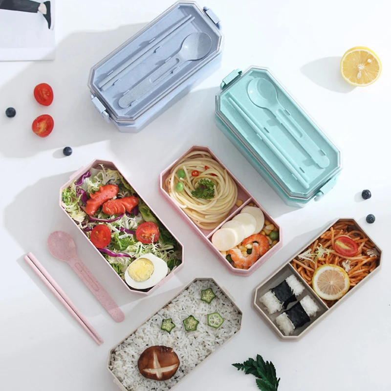 800 мл два стекируемых Bento Box Микроволновая печь безопасный герметичный ланч-контейнер для завтрака коробка для детей и взрослых Ланч-бокс с палочками ложкой
