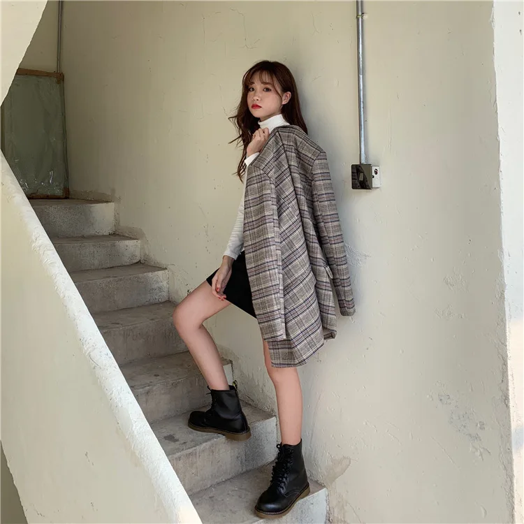 Photo Shoot Autumn Loose Retro Plaid Suit Jacket Women's Versatile Casual Suit