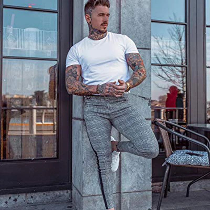 Men Casual Pants Streetwear Chinos Plaid Fitness Skiny Bottom Jogger Sweatpants Fashion Trousers Stripe Track