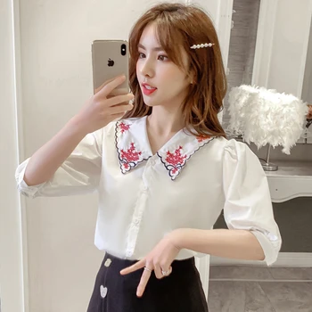 

COIGARSAM Vintage Embroidery Shirt Womens tops Summer Turn-down Collar Women shirts White Black 6180