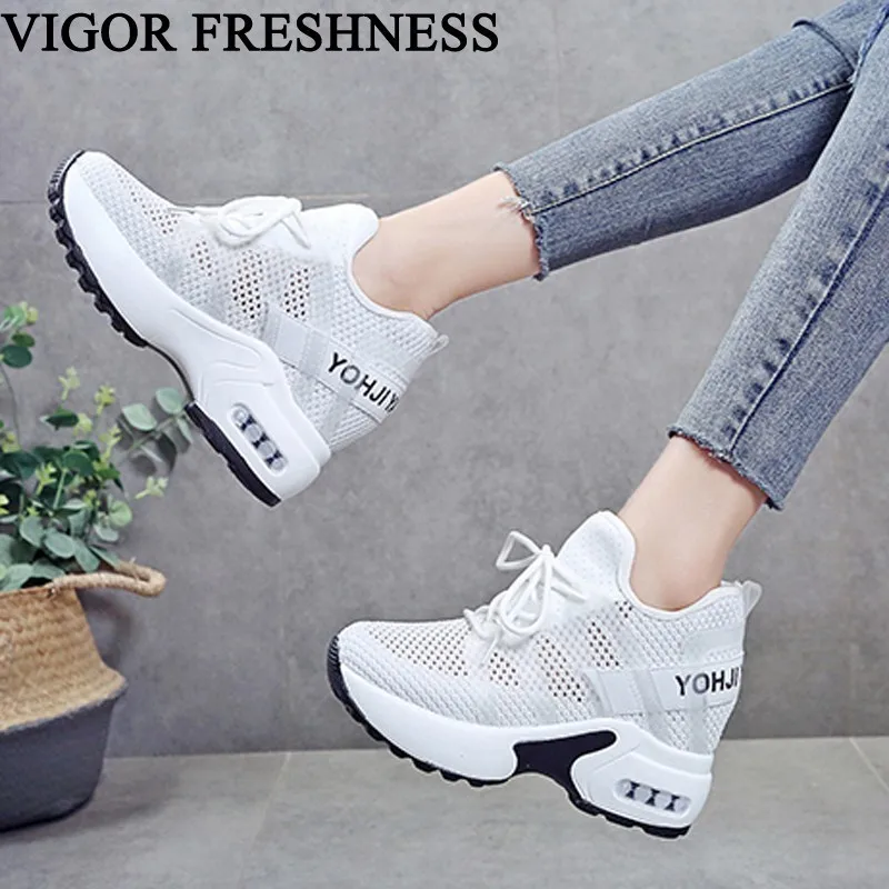 

VIGOR FRESHNESS Shoes Summer Women Sneakers Mesh 8.5CM Heels Woman White Sneakers Increase Internal Eyelet Shoes Cutout WY558