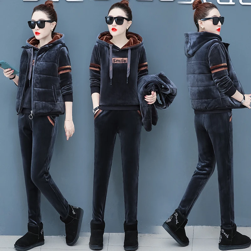 Blue gray Черный комплект из 3 предметов для женщин зима 2 шт брючный костюм и топ+ жилет+ брюки размера плюс золотой бархат толстый теплый костюм спортивный костюм - Цвет: Blue gray