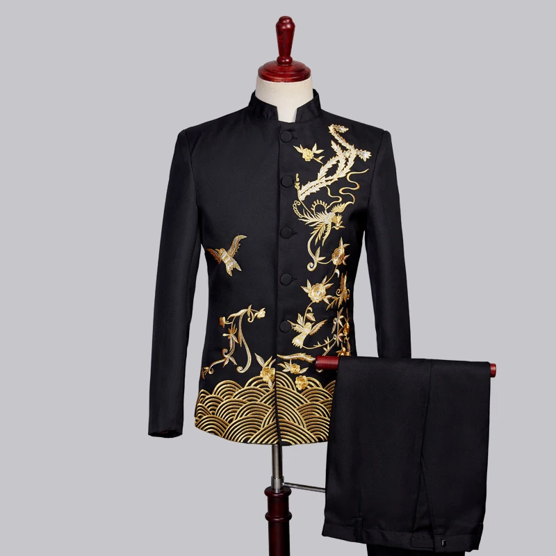 Китайский костюм-туника винтажный блейзер в полоску с вышивкой брюки из 2 предметов мужской костюм хор сценический костюм певец и ведущий формальный костюм