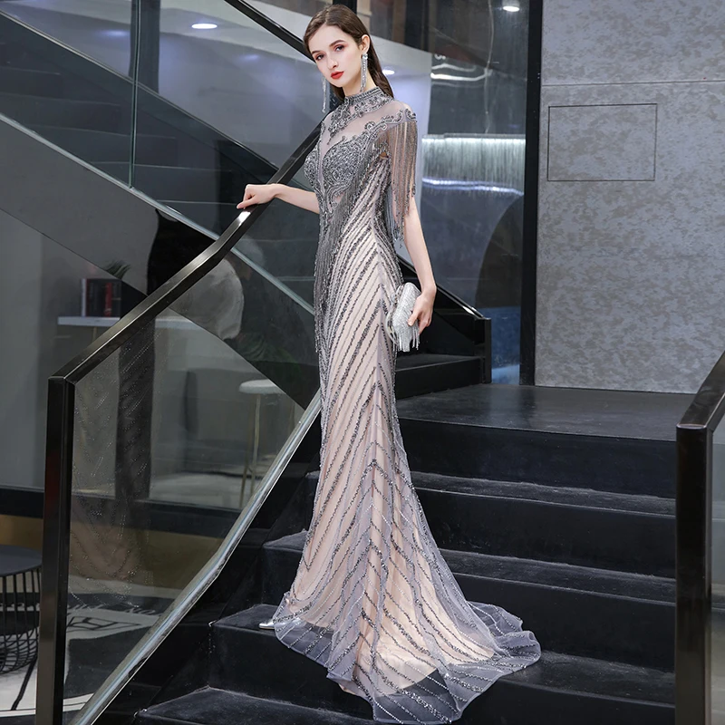 Роскошное вечернее платье Robe De Soiree, стразы, расшитые бисером, Русалка, свадебное вечернее кружевное платье, торжественное платье, вечерние платья
