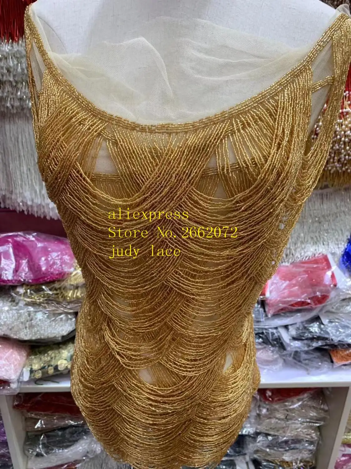 

stock 2piece/bag Light gold tassel wavy pattern ribbon bead design used for dress skirt design YM169#