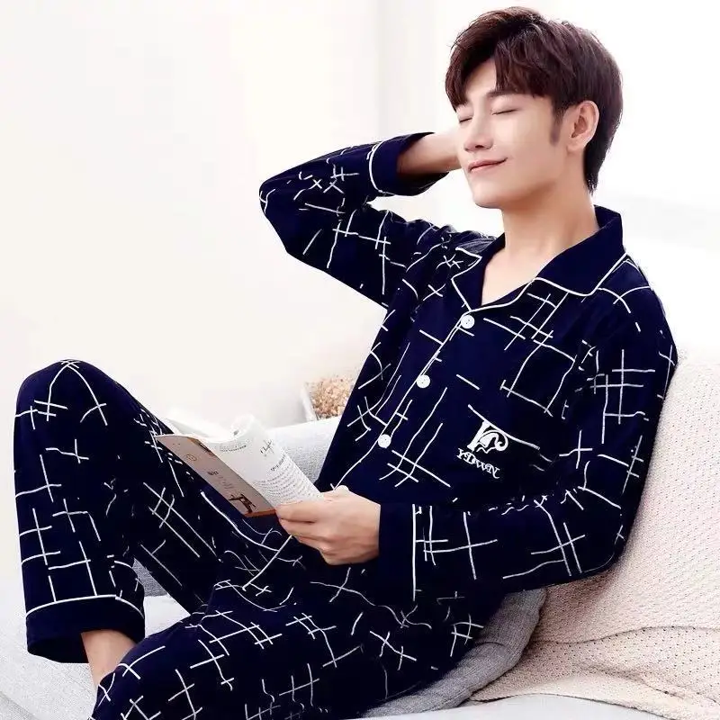 mens christmas pjs Men Sleepwear Pajamas Set for Men Casual Home Clothe Autumn Winter Nightwear Suit Full Sleeve Long Pants Striped Pyjamas Set cotton pyjama set