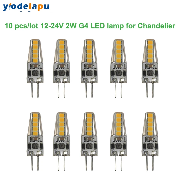 10 шт., светодиодные лампы G4, 24 В, 2 Вт, 12 В, яркая силиконовая лампа с регулируемой яркостью, 2835, теплый белый светодиодный светильник с затемнением для люстры, хрустальные лампы